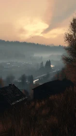 Soft dawn mist settles gently over a quiet rural valley