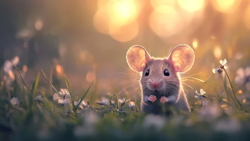 Tiny field mouse glows softly in warm sunset bokeh light.