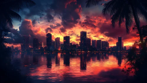 Tropical city skyline under burning sunset clouds over bay.