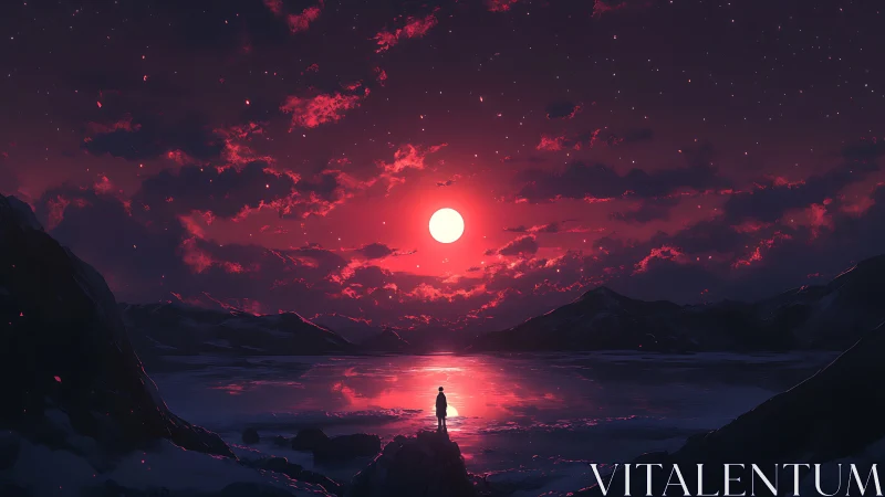 Solitary figure viewing red moon over reflective lake at night.