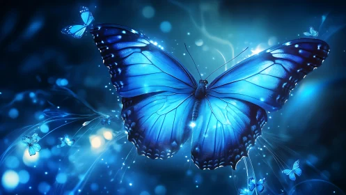 Bioluminescent blue butterfly swarm in ethereal bokeh field