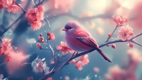 Small pink songbird perches on flowering branch in soft focus