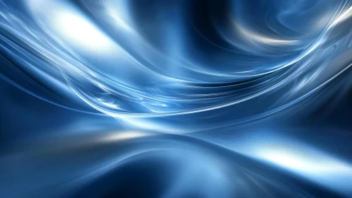Flowing blue abstract waves with metallic sheen, digital art style.