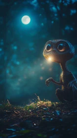 Photorealistic moonlit alien creature in forest vignette.
