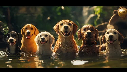 Group of six dogs standing in shallow water outdoors.