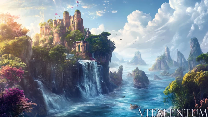 Medieval castle on clifftop overlooking archipelago landscape.