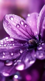 Macro study isolates violet petal surfaces with refracted droplets