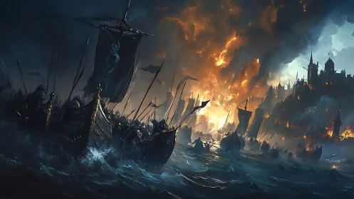 Medieval warships assault burning coastal fortress at night