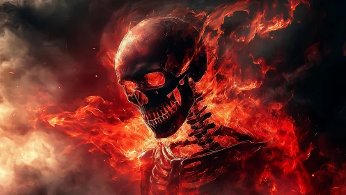 Flaming skeletal figure erupts from darkness in molten firestorm.