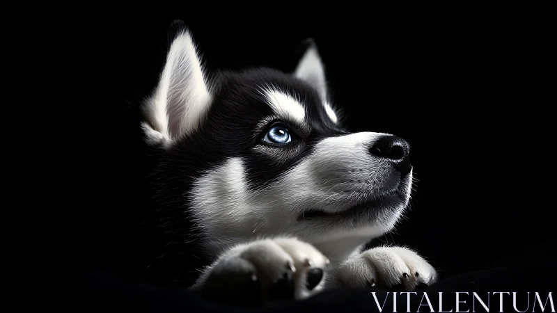 Husky puppy portrait with luminous blue eyes on black