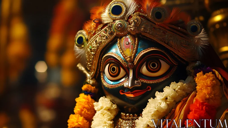 Ornate blue Hindu deity mask glows amid garlands and gold