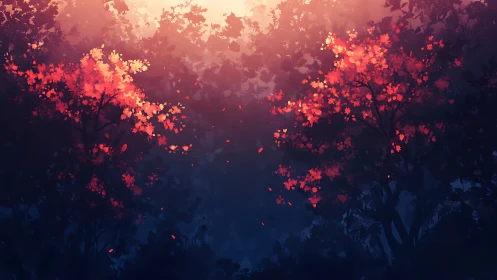 Backlit crimson foliage frames a luminous forest clearing