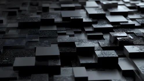 Dark geometric 3D abstract blocks with textured surfaces, modern style.