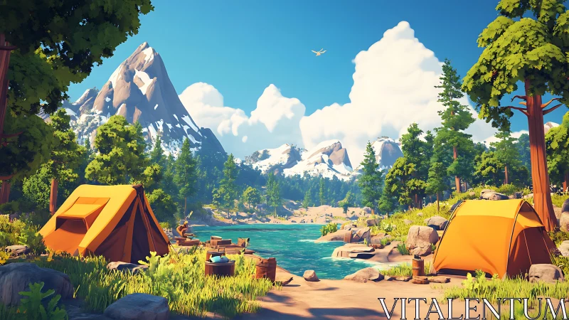 Sunny riverside campsite welcomes a peaceful mountain escape