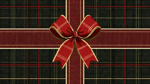 Red tartan gift ribbon cross with centered bow on dark plaid