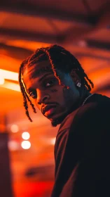 Moody urban portrait under neon orange bokeh glow.