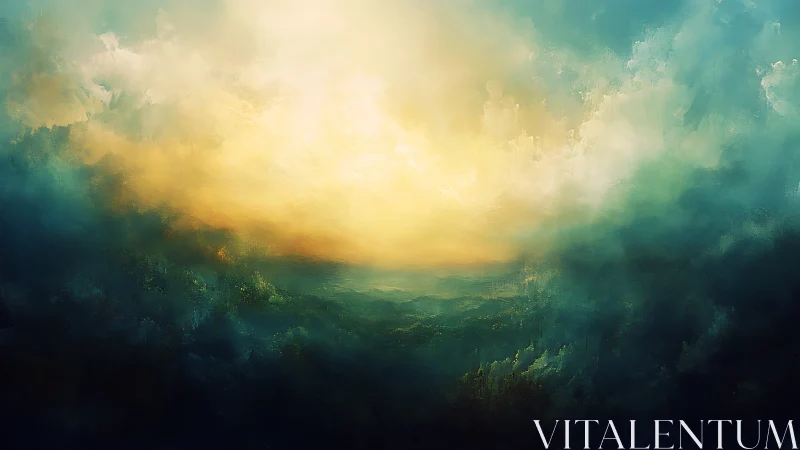 Diffuse atmospheric sunrise rendered with layered volumetric clouds