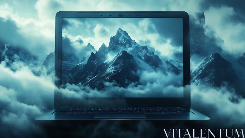 Photoreal laptop portal with cinematic misted mountainscape frame.