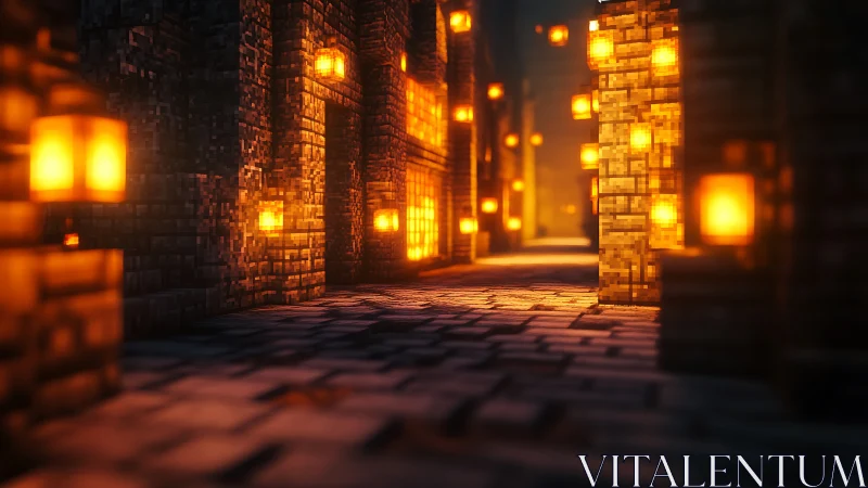 Voxel lanterns rehearse midnight sun along a glowing alley