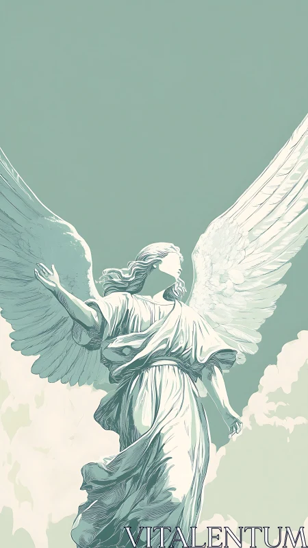 Soaring marble angel rises against muted teal heavens.