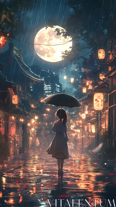 Moon-drenched rainwalk under lantern-lit alley reflections.