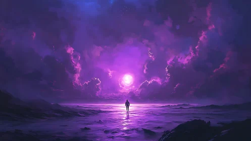Lone figure facing vivid purple sky over reflective shore.