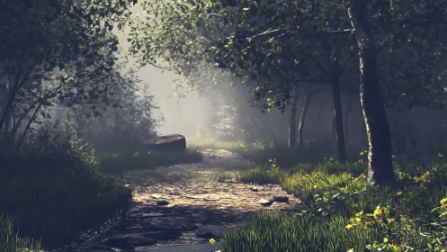 Forest Pathway with Filtered Sunlight Through Canopy.