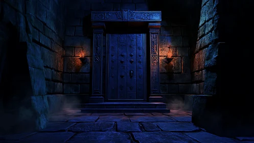 Ancient stone vault door glows under dramatic torchlit shadows