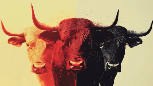 Triad of bold bulls emerges in a fiery, high-contrast haze
