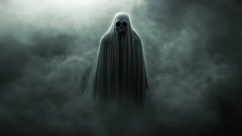 Shrouded phantom breathes through mist and devours the silence