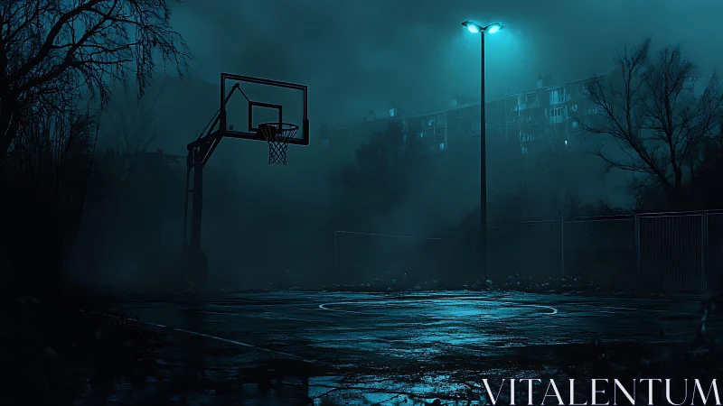 Deserted urban basketball court glows under cyan streetlight