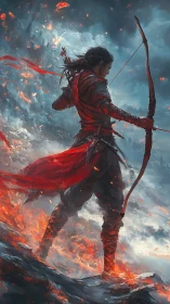 Archer in red standing over burning volcanic ridge.