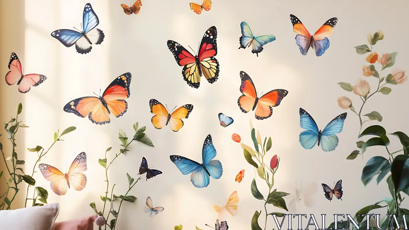 Color-rich butterfly wall composition in soft daylight.