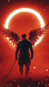 Winged warrior silhouette before fiery circular halo.