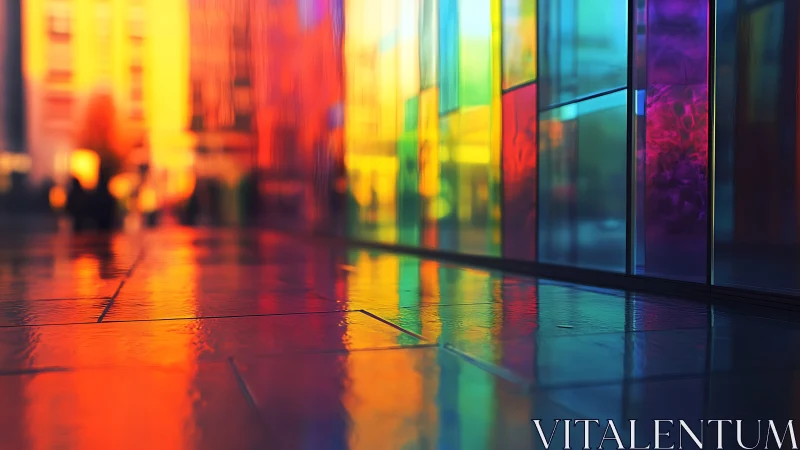 Colorful reflective city walkway beside glass wall panels.