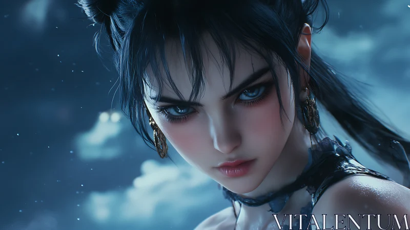 Stormlit warrior locks midnight eyes on the unseen threat