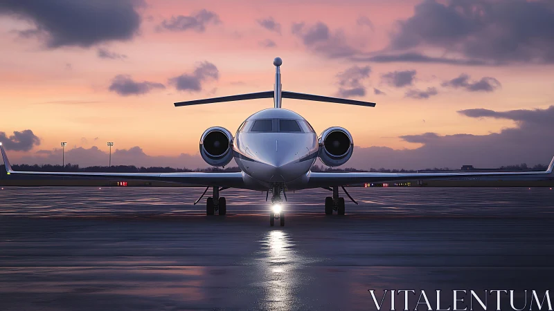 Twilight jet waits on rain-glossed runway for silent departure.