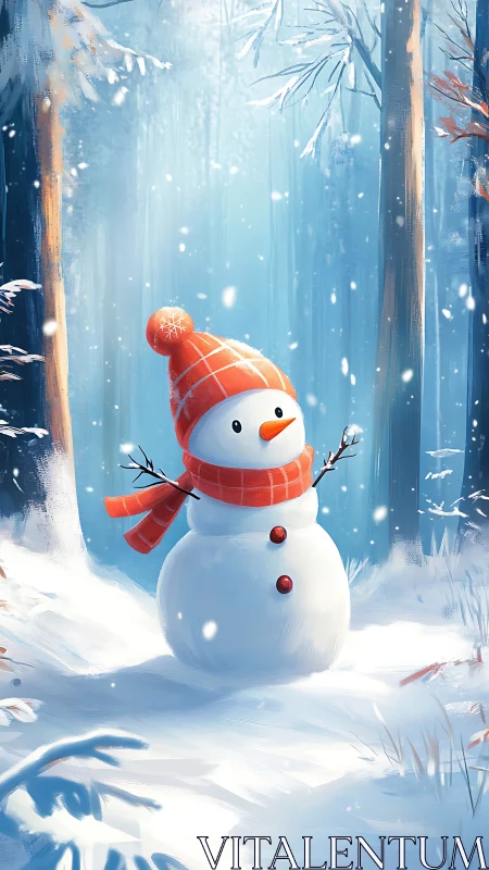 Snow figure with orange attire in a vertical winter forest scene.