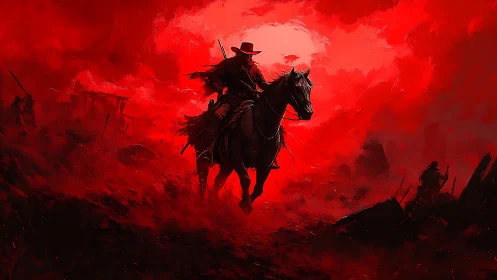 Solitary mounted figure advances through dense red haze