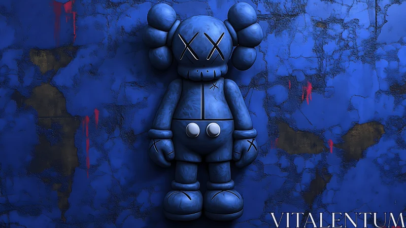 Blue wall toy sentinel with crossed-out cartoon gaze.