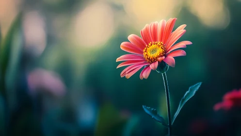 Softly glowing coral daisy soaking in a dreamy garden hush.