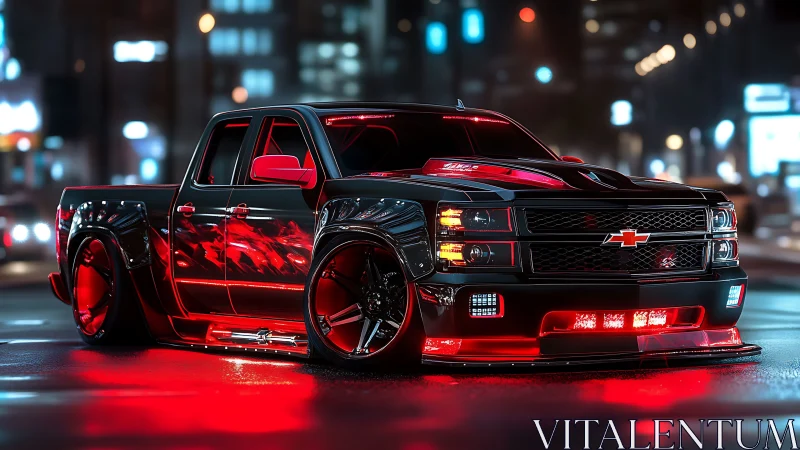 Custom black Chevrolet pickup with red neon lighting stands parked