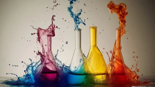 High-speed splash capture of colored lab flasks under studio lighting