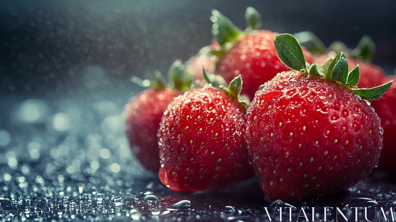 Glowing ripe strawberries rest in cool shimmering droplets