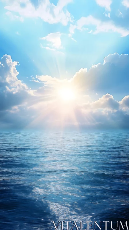 Radiant sunrise over tranquil ocean horizon with glowing rays.