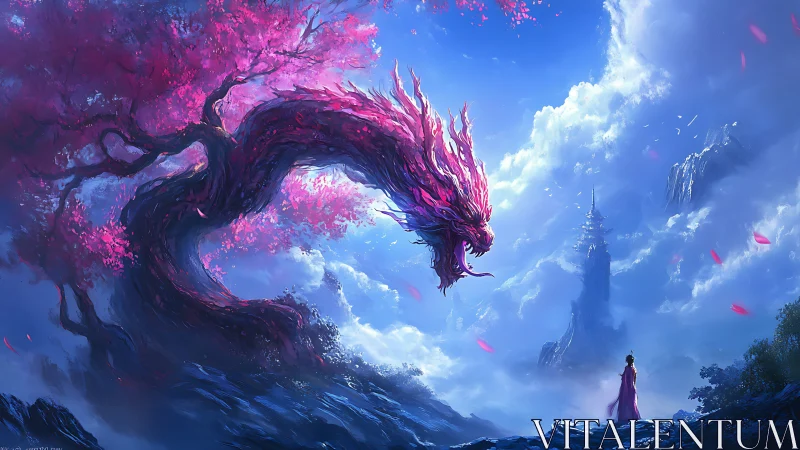 Blossom dragon spirit coils above a lone wanderer.