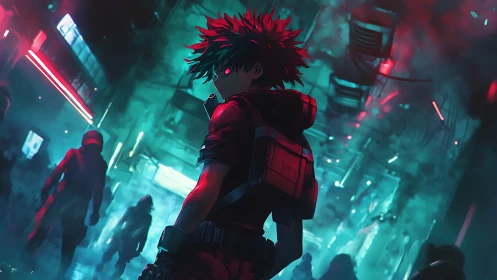 Hooded anime figure in neon lit urban alley at night.