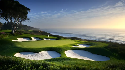 Oceanfront golf green with sculpted bunkers at sunset glow