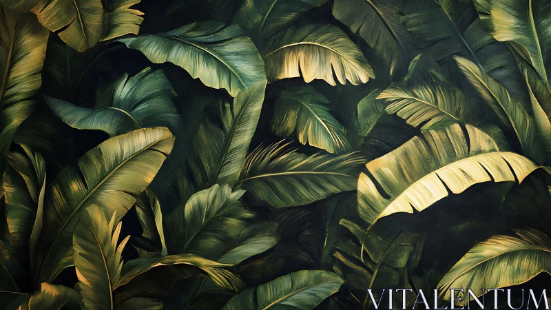 Lush tropical banana leaves in layered emerald shadow play.