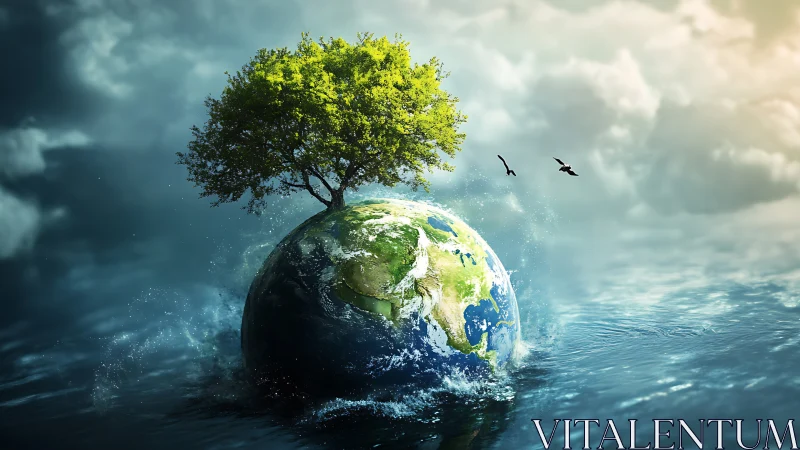 Tree grows from Earth sphere rising through ocean water